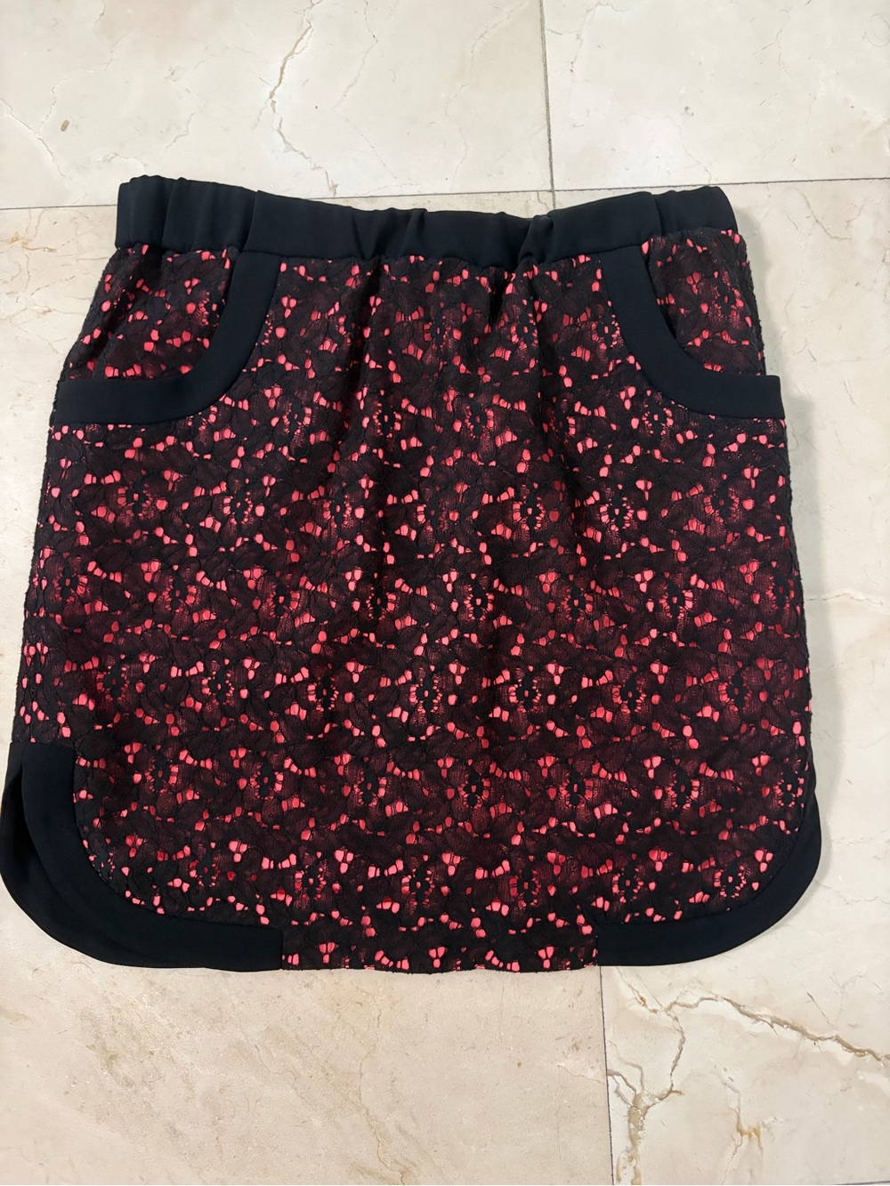 Sandro Black Lace Overlay Mini Skirt with Pink Underlay